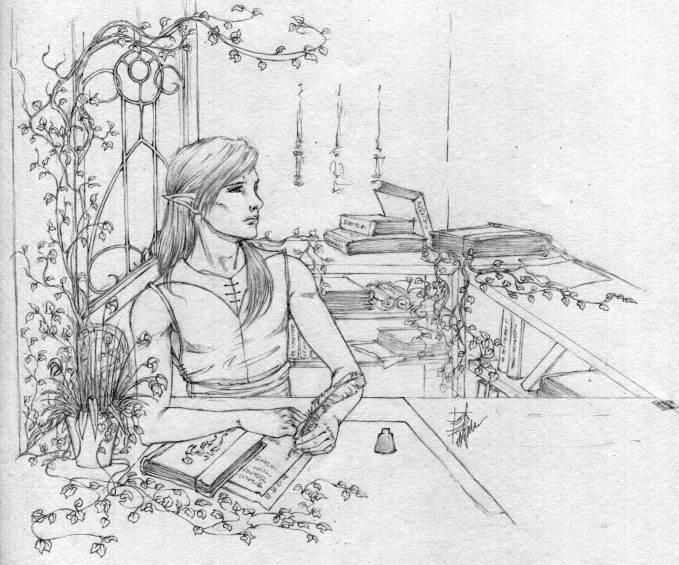 Traditional drawing of an elf in a library.