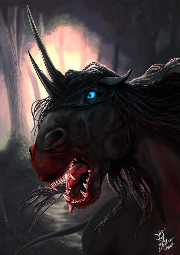 Dark Grasp is a black carnivorous unicorn which was 'tamed' by the half-breed elf Elf Jillian Issaye.