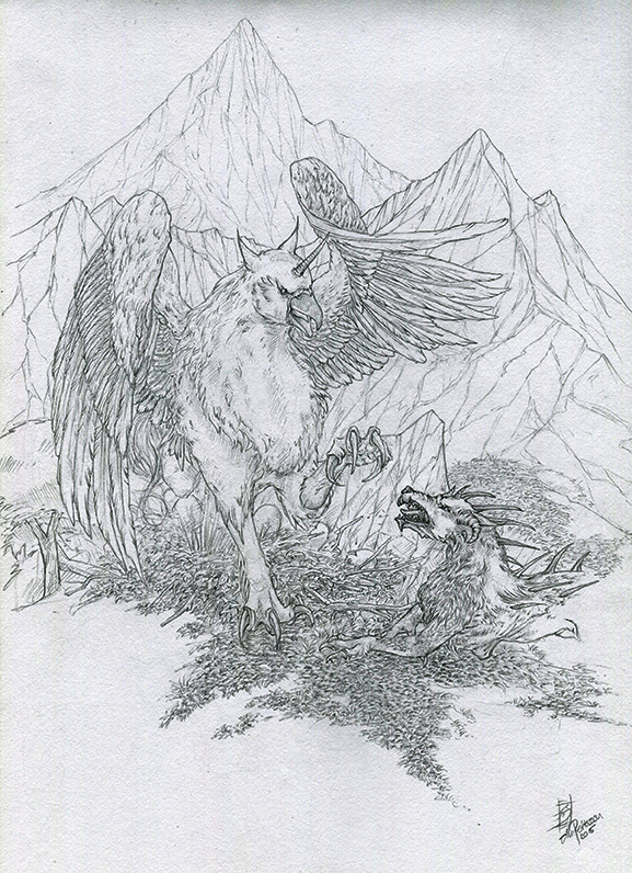 Traditional drawing of a nafarie battling a demon dog.