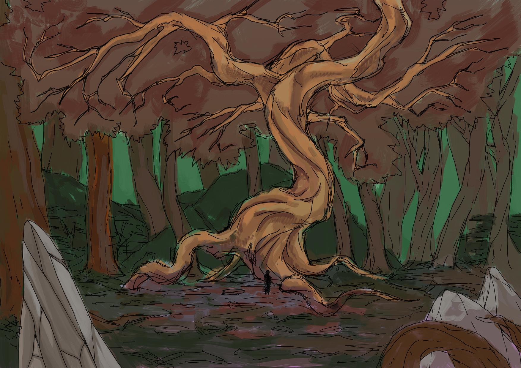 Concept art of a red squiggly tree.