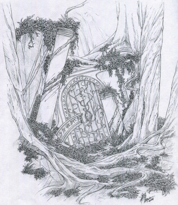 Traditional drawing of ruins in a forest.